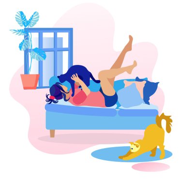 Kadın Kanepede Yatan ve Kedi Karikatür ile Oynamak