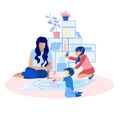 Çocuklu Oyuncak Oynayan Anne Düz Çizgi Film