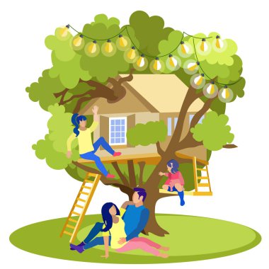 Aile Tree House Karikatür Birlikte Zaman Geçirin