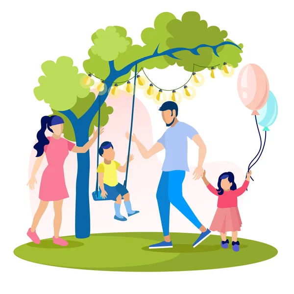 Ευτυχισμένο καρτούν οικογενειακή αναψυχή στο πάρκο επίπεδη κάρτα — Διανυσματικό Αρχείο