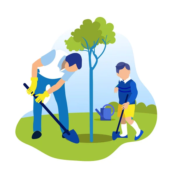 Caricature Père et Fils plantant ensemble un arbre — Image vectorielle