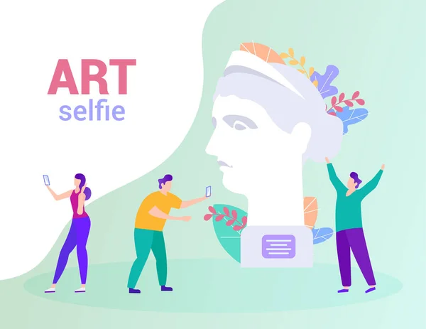 As pessoas fazem foto no fundo da estátua. Art Selfie —  Vetores de Stock