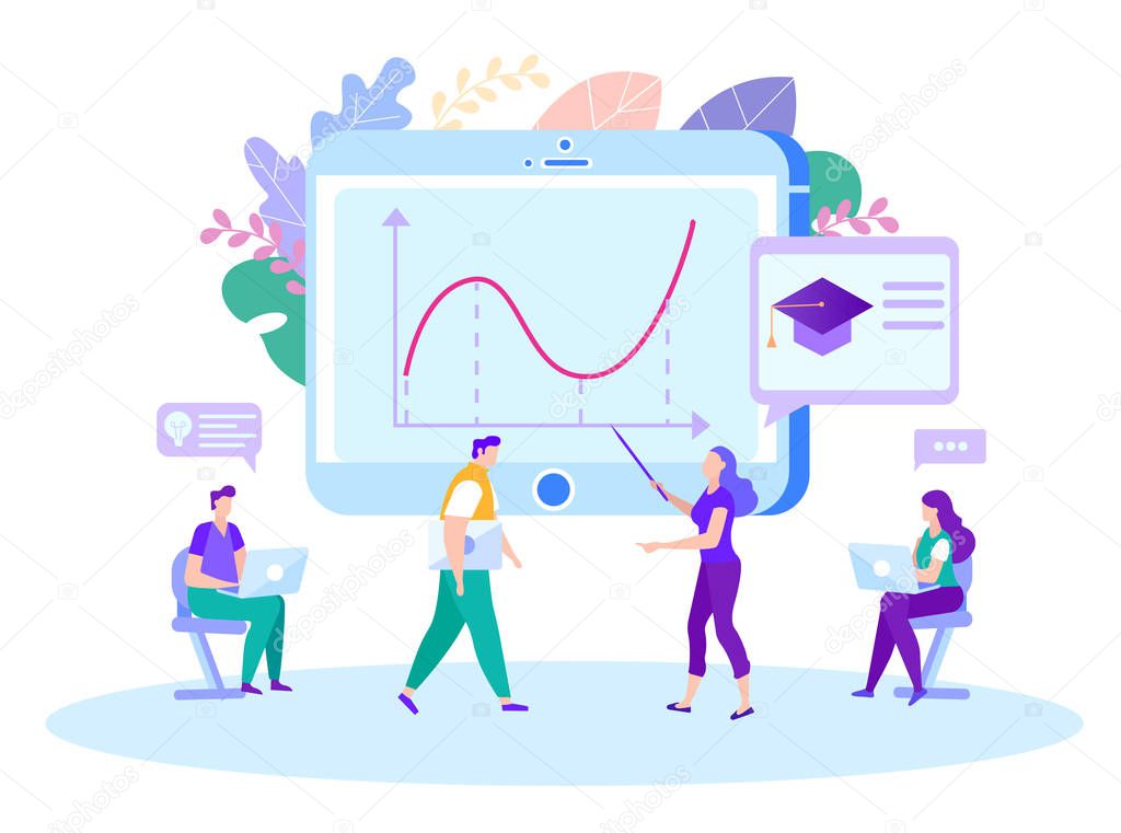 Woman with Pointer in Hand Show on Monitor. Vector