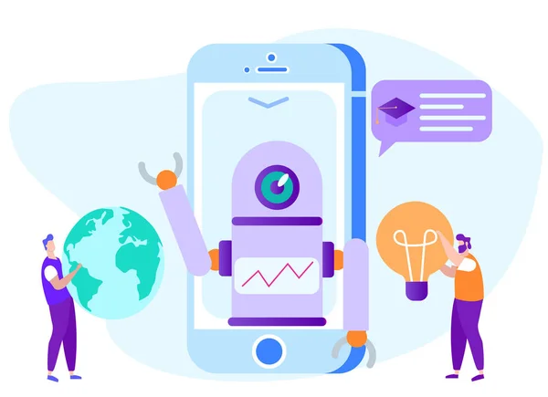 Дистанционное обучение. Робот-бот на мониторе телефона . — стоковый вектор