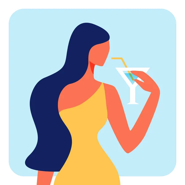Femme cheveux foncés en robe jaune boisson cocktail . — Image vectorielle