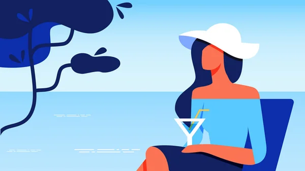 Mujer en blusa azul con vidrio Descanso cerca del mar . — Vector de stock