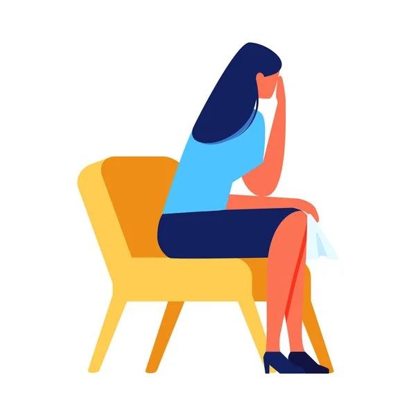 Плаче жінка сидить на стільці на білому тлі . — стоковий вектор