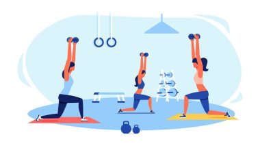 Eşofman içinde üç kadın jimnastik egzersizleri yapıyor.