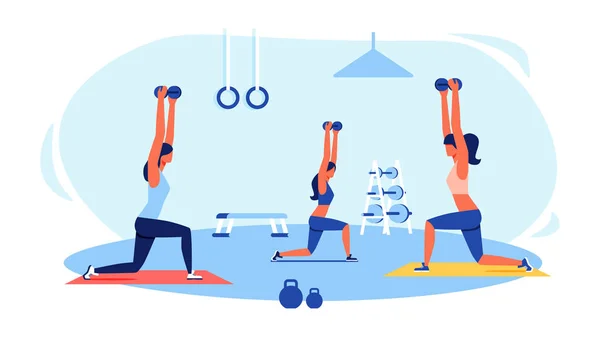 Three Women in Tracksuits Doing Exercises in Gym. — Stock Vector