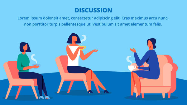 Три женщины в красных креслах пьют чай и обсуждают
