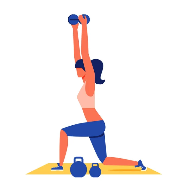 Woman Exercising with Dumbbells on Yellow Carpet. — Stock Vector