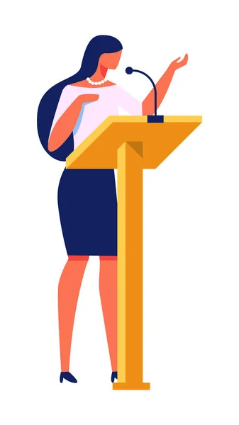 Beautiful Woman Gives Lecture. Stand near Podium. — Stock Illustration Beautiful Woman Gives Lecture. Stand near Podium. Stock Illustration