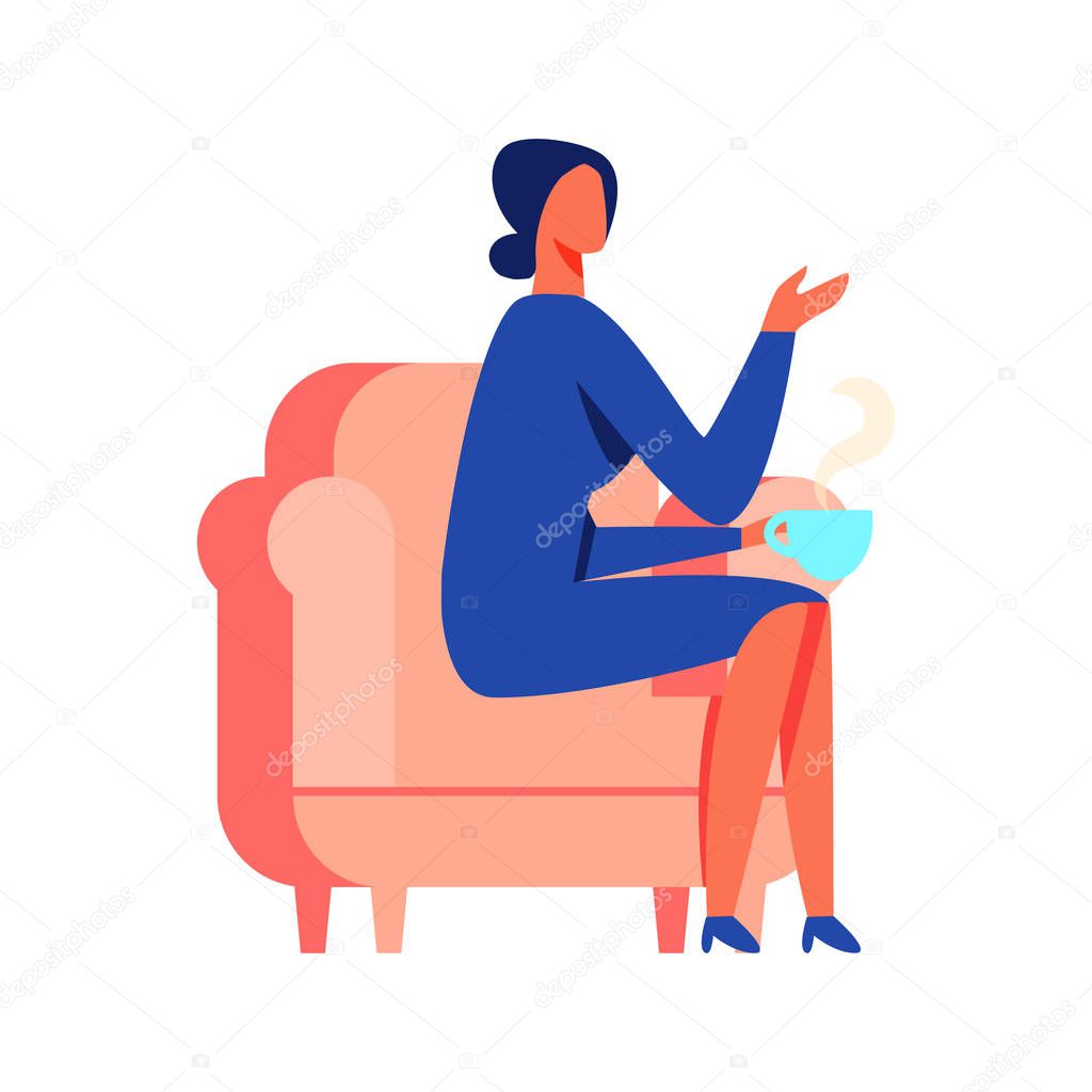 Woman in Blue Dress Sitting on White Background.