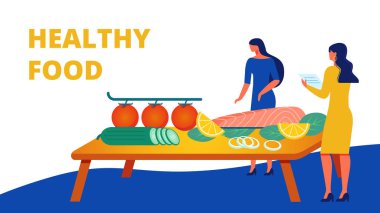 Sağlıklı yemek ile tablo yakın elbiseler iki kadın.