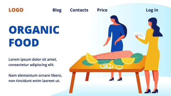 Werbe-Image. Frau am Tisch. Bio-Lebensmittel. — Stockvektor