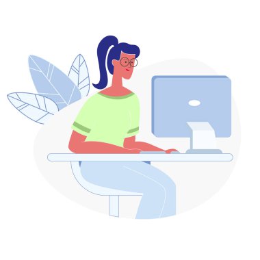 Bilgisayar düz vektör Illustration üzerinde çalışan kadın