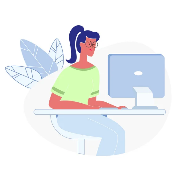 Bilgisayar düz vektör Illustration üzerinde çalışan kadın — Stok Vektör
