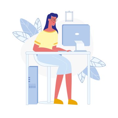 Genç kadın bilgisayar düz vektör Illustration kullanır