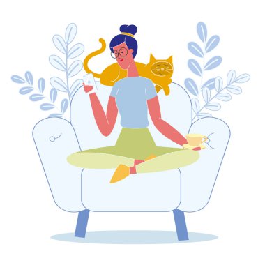 Kedi düz vektör Illustration ile rahatlatıcı kadın