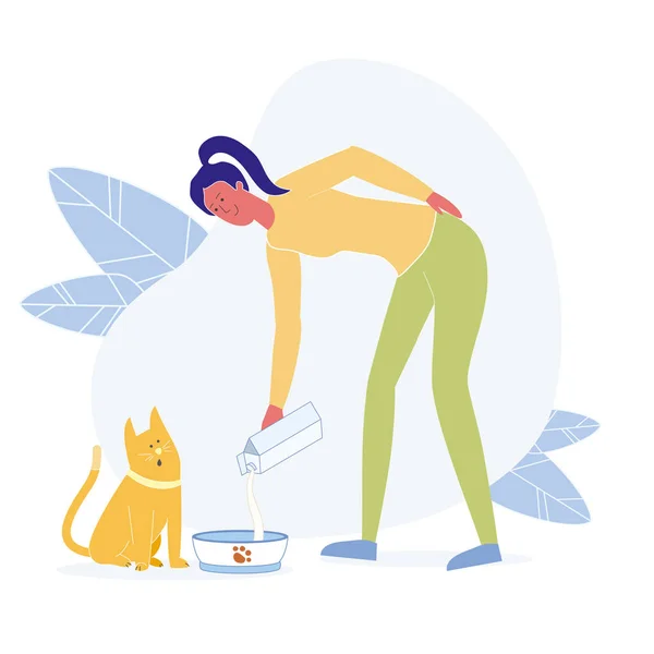 Ung kvinna utfodring katt platt vektor illustration — Stock vektor