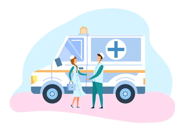 Medicin ambulans bil och personal illustration — Stock vektor