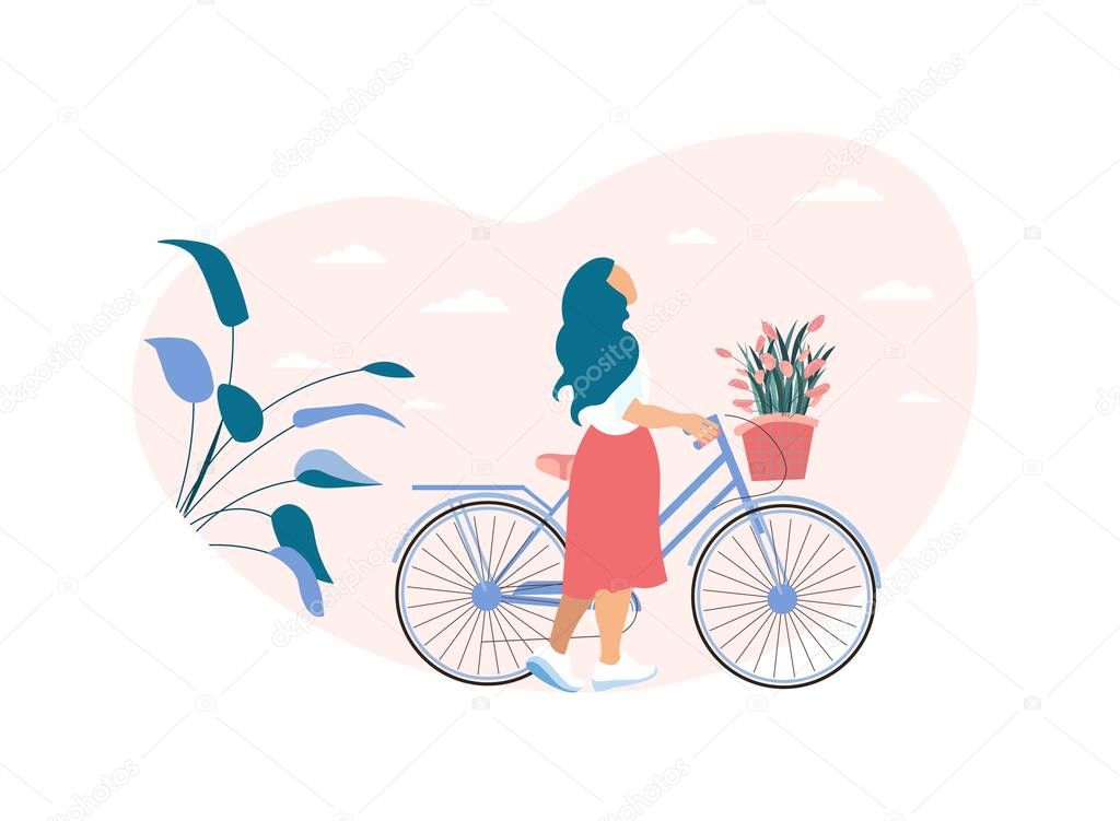 Dreamy Woman Rolls Bicycle with Flowers Basket