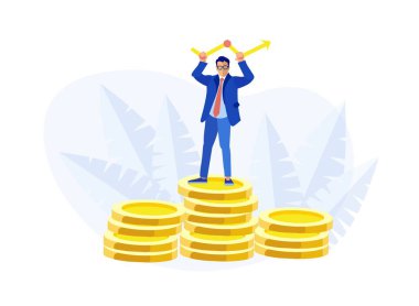 İş adamı sikke üzerinde standları yukarı ok tutma yığını