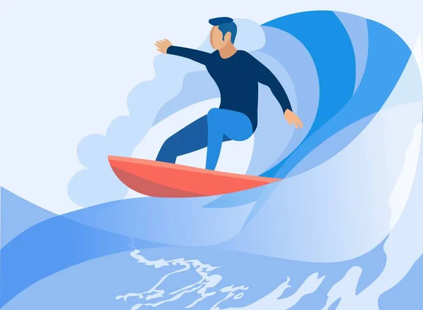 거대한 바다 파도 만화에 서핑 하는 남성 서퍼 — 스톡 벡터