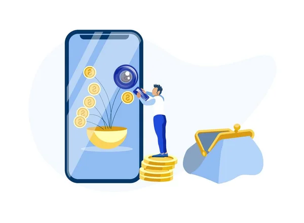 Man med hjälp av mobil Banking app metafor tecknad — Stock vektor