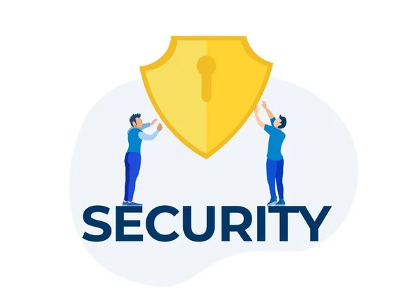 Mężczyźni Hold Gold Shield stoi na Word Security — Wektor stockowy