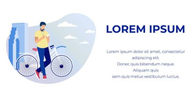 Reklam banner erkek bisikletçi kullanarak telefon