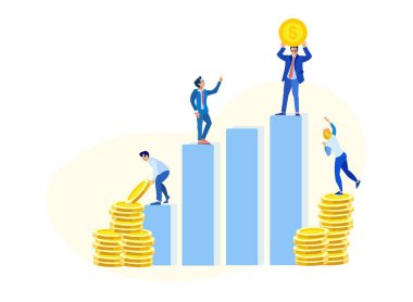 İş ekibi, finansal grafikler, altın paralar yığınları
