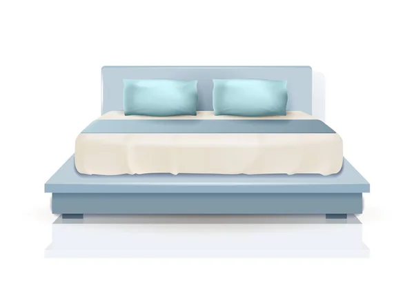 Cama King Size doble con almohadas azules y manta — Vector de stock