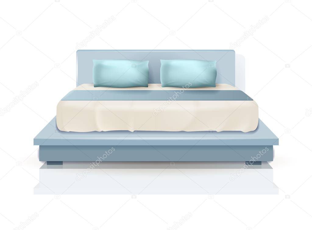 Double King Size Bed with Blue Pillows and Blanket