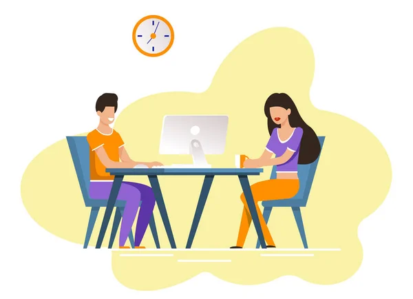 Ragazzo e ragazza si siedono a tavola con computer e caffè — Vettoriale Stock