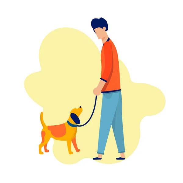 Mann läuft mit Hund an Cartoon-Illustration entlang — Stockvektor