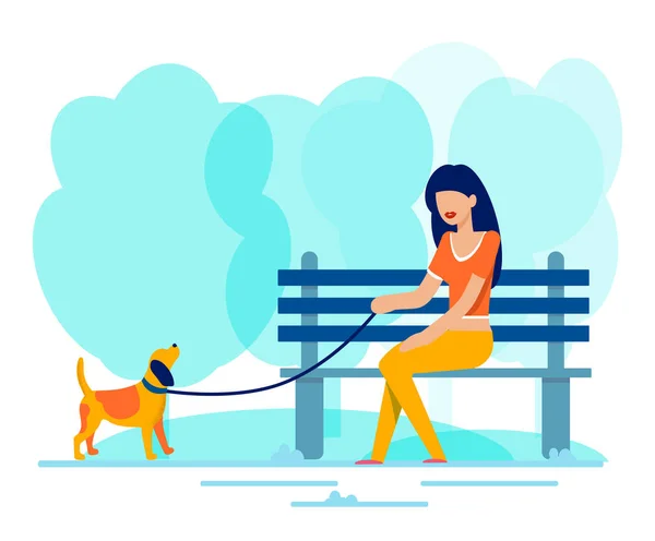 Asszony sits-ra pad mentén gyaloglás kutya-ban Park — Stock Vector