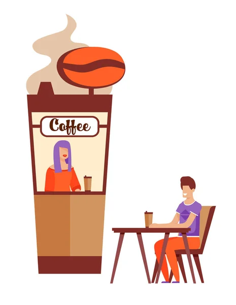 Счастливчик в ожидании свидания возле киоска "Кофе" — стоковый вектор