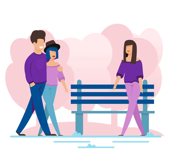 Άντρας και γυναίκα ζευγάρι συναντήσει γυναίκα φίλος στο περπάτημα — Διανυσματικό Αρχείο