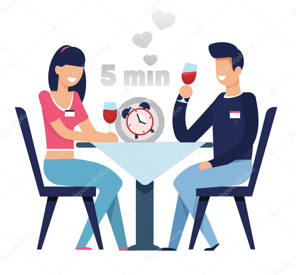 Man and Woman on Fast Dating in 5 Minutes Cartoon