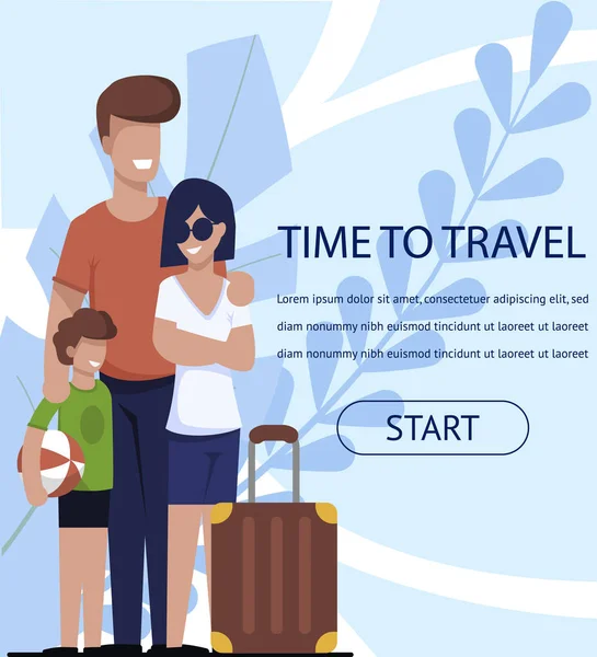 Banner do tempo de viagem com família feliz e texto do anúncio —  Vetores de Stock