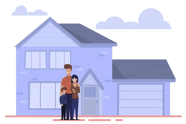 Felice cartone animato famiglia stand fuori vicino a nuova casa — Vettoriale Stock