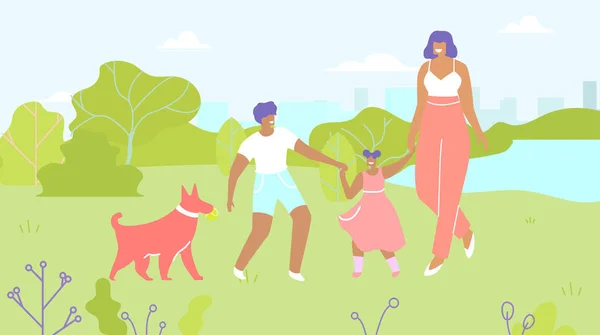 Madre e bambini a piedi cane nel parco cartone animato — Vettoriale Stock