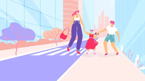 Dessin animé Mère avec enfants Promenade au passage pour piétons — Image vectorielle