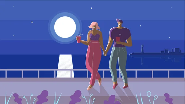 Pareja enamorada caminando bajo la luz de la luna de dibujos animados — Archivo Imágenes Vectoriales