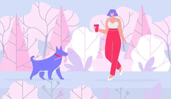 Mujer caminando con perro en un bosque plano de dibujos animados — Archivo Imágenes Vectoriales