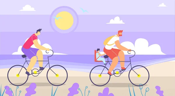 Hombre y padre con bebé en bicicleta paseo de dibujos animados — Vector de stock