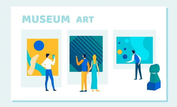 Люди смотрят творческий музей Искусство, произведения искусства — стоковый вектор