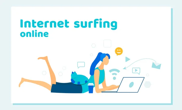 Laptop Sörf Internet ile Kadın, Arama Bilgi — Stok Vektör