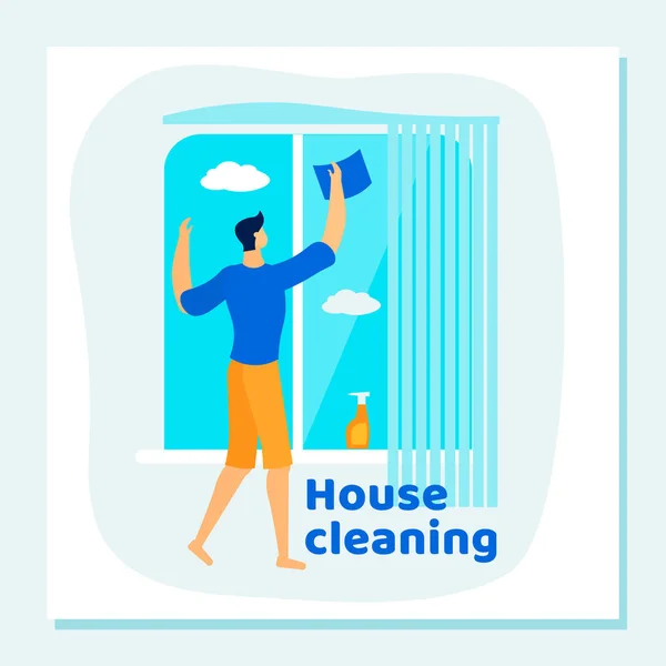 Uomo pulizia casa, pulire e lavare finestra — Vettoriale Stock